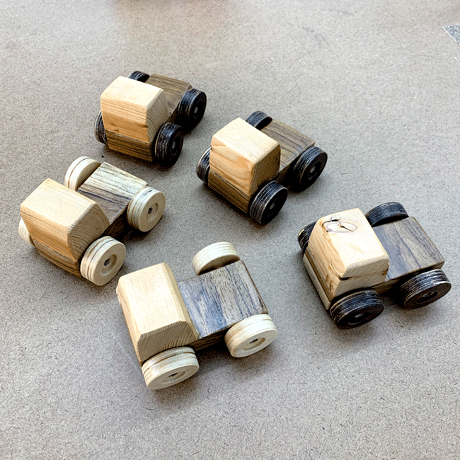 5 toy wooden cars