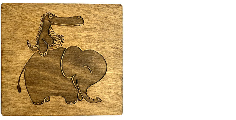 Laser etched Alligator and Elephant illustration from our week 3 assignment